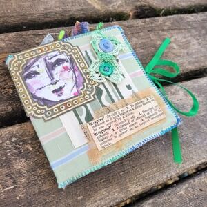 Handmade Fabric Journal Mini Mixed Media Vtg Buttons Lace Tags & Embellishments